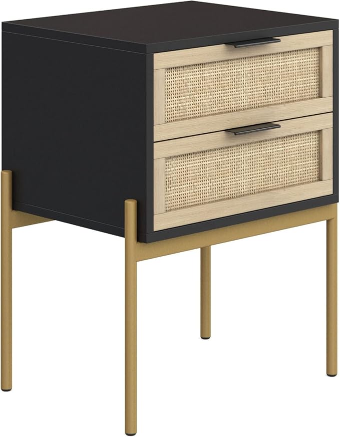 Nathan James Andrew Nightstand, Accent Bedside End Side Table with Storage Drawer, and Mid-Century Modern Legs for Living Room or Bedroom, 1, 14" D x 19" W x 24" H, Black/Cane/Gold