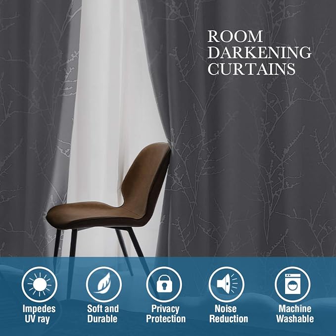 H.VERSAILTEX White Curtains for Bedroom Foil Print Twig Tree Branch Thermal Insulated Grommet Curtain Drapes Light Blocking Thick Soft Window Curtains for Living 52 x 84 Inch, 2 Panels, Pure White