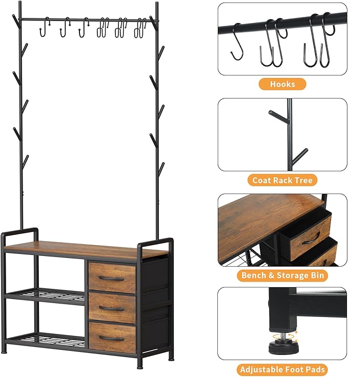 HOMEKOKO Coat Rack Tree Shoe Bench, Hall Tree for Entryway with Drawer Cubby Storage Bench, Wood Look Accent Furniture with Metal Frame, 3-in-1 Design (Rustic Brown)