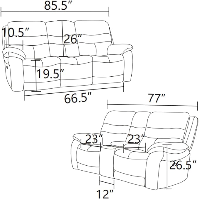 Power Reclining Sofa Set, Genuine Leather Recliner Sofa Set,Living Room Furniture Setwith USB Charging and LED Lights,for Living Room/Apartment/Office/Home Theather,Light Grey,L+S