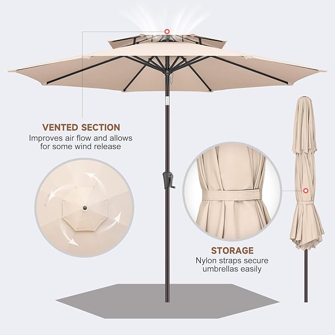 9FT Outdoor Patio Umbrella - 2 Tiers Table Umbrella Waterprool UV Protection, Sombrillas de Patio with Push Button Tilt, Sun Umbrella for Pool, Porch, Garden, Backyard (Beige)