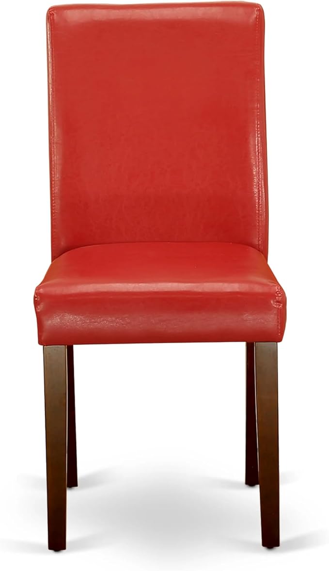 East West Furniture ANAB5-MAH-72 5 Piece Dining Table Set Includes a Round Dining Room Table with Pedestal and 4 Firebrick Red Faux Leather Parsons Chairs, 36x36 Inch, Mahogany