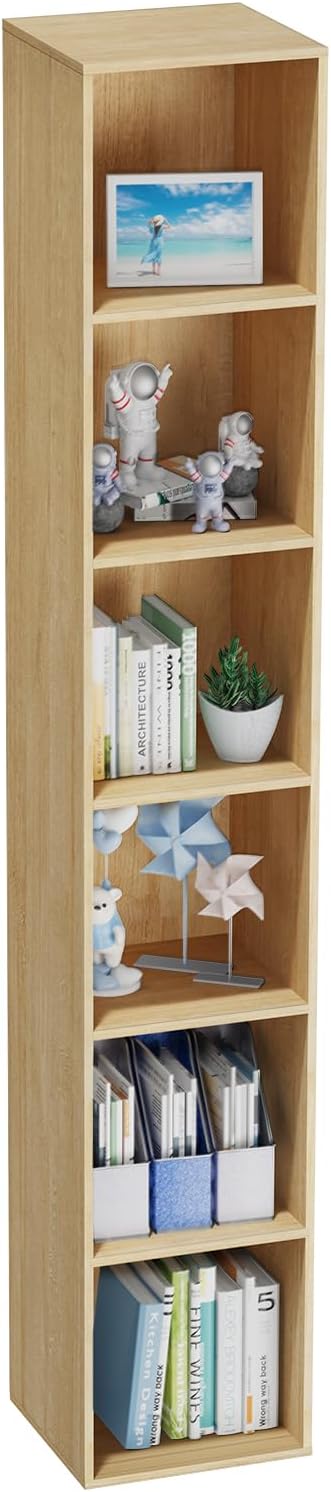 6 Tier Bookshelf, Open Tall Narrow Floor Standing Bookcase, Storage Organizer Bookshelves Freestanding Book Shelf for Living Room, Bedroom, Home Office (Oak, 6 Cube)