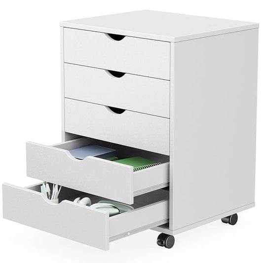 Sweetcrispy 5 Drawer Chest Mobile Storage Cabinets Small Wooden Dresser with Wheels Room Organization Furniture for Office Home, White Wood