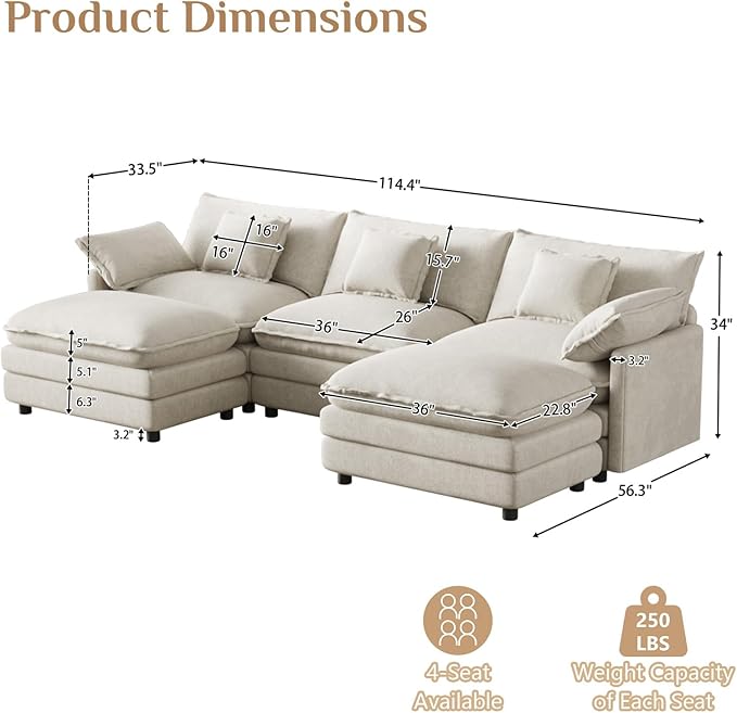 114" U Shaped Cloud Couch Sectionals Oversized Sectional Couches for Living Room Modular Couch, Large Velvet Cloud Sofa with Movable Ottoman, Beige