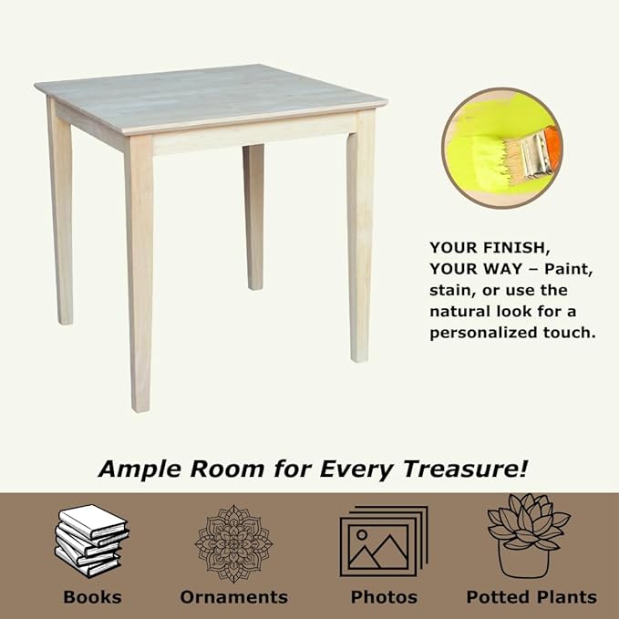 Solid Wood Top Dining Table, 30 Inch High, Unfinished