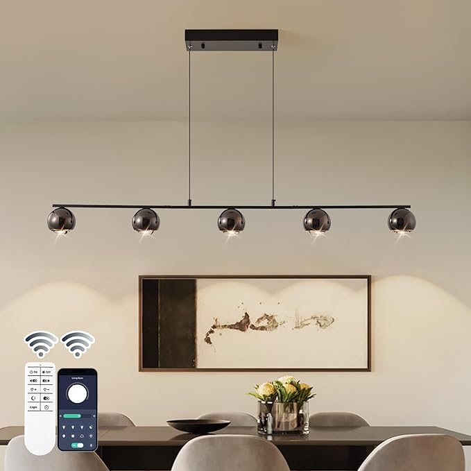 Modern LED Pendant Lights, Dimmable 47in Linear Globe LED Chandelier Lighting, Black & Gold Dining Room Hanging Light Fixtures Kitchen Island 5-Globe Pendant Light for Dining Table (3150lm)
