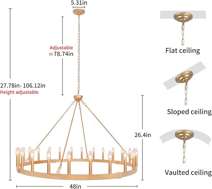 Gold Wagon Wheel Chandelier 48-Inch 24-Light, Extra Large Round Rustic Farmhouse Chandeliers for Outdoor Porch high Ceilings Dining Room Living Room Foyer Entryway