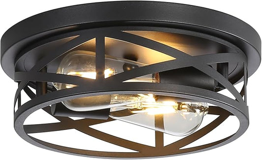 Farmhouse Flush Mount Ceiling Light Fixtures, Industrial Close to Ceiling Light 2-Lights, 11 Inch Metal Black Cage Rustic Style Indoor Light Fixtures for Hallway Kitchen Bedroom Entryway