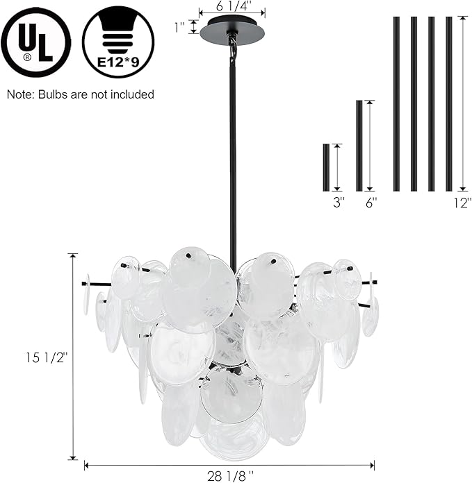 Dia 28 Inch, Modern Glass Chandeliers for Bedroom, Black Dining Room Light Fixture, Large Vintage Pendant Chandelier for Living Room Entryway Foyer