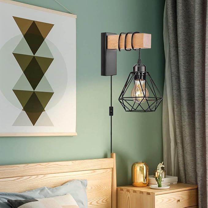 Plug in Wall Sconces Set of Two,Farmhouse Wall Mounted Lights with Plug in Cord,Black Rustic Wall Lamp for Bedroom Bedside Living Room,with Wood Arm and 70.8inch On/Off Switch Cord,2 Pack