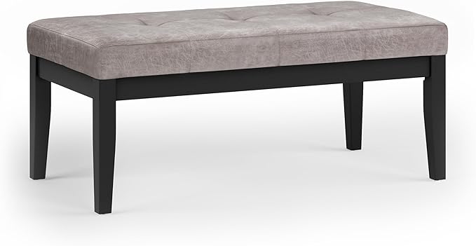 SIMPLIHOME Lacey Tufted Ottoman Bench - 41 inch Wide Upholstered Vegan Leather Rectangle Ottoman in Distressed Grey Taupe, Contemporary Bench for Bedroom or Entryway with Stitching Detail, Assembled