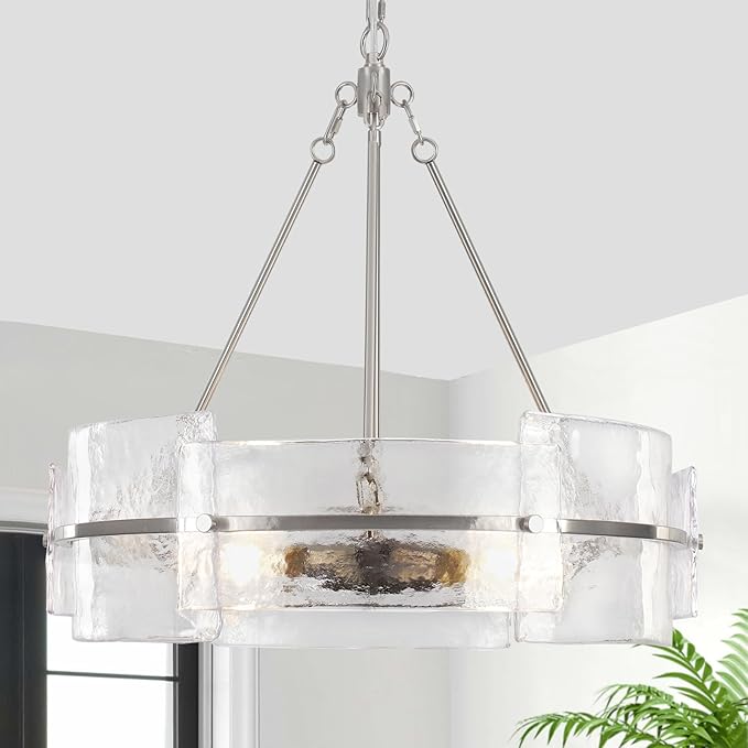 22" Modern Chandelier, Brushed Nickel Glass Chandelier, Large Round Chandelier for Dining Room, Foyer, Bedroom, Hallway, Entryway