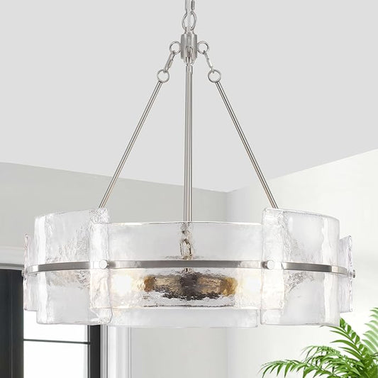 22" Modern Chandelier, Brushed Nickel Glass Chandelier, Large Round Chandelier for Dining Room, Foyer, Bedroom, Hallway, Entryway