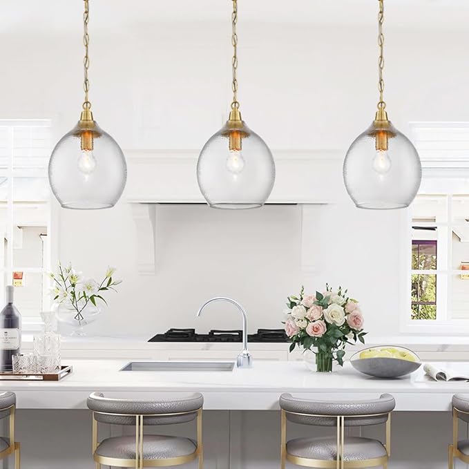 Untrammelife Glass Gold Pendant Light 1-Light 9" Globe Ceiling Lighting Modern Hanging Light Fixture with Hammered Glass Gold Chandelier Adjustable Chain Brushed Brass Finished