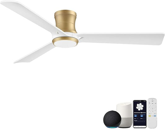 52inch Smart Ceiling Fans with Lights,Low Profile Modern Wood Ceiling Fans,Remote/APP/Alexa Control,Outdoor Indoor Flush Mount Ceiling fan,for Bedroom Living room Patio,3 Blade,White Gold,Quiet