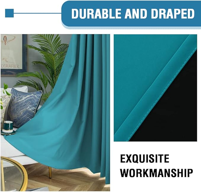H.VERSAILTEX 100% Blackout Curtains for Bedroom Thermal Insulated Blackout Curtains 84 inch Length Heat and Full Light Blocking Curtains for Living Room with Black Liner 2 Panels Set, Turquoise Blue