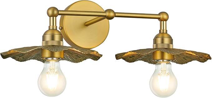 PASSICA DECOR Hardwired 2 Head Wall Sconce Indoor Wall Light Antique Brass 2-Lights with Flower Shade Wall Lighting Fixture for Bathroom Vanity Kitchen Sink Bedrroom Living Room Farmhouse…