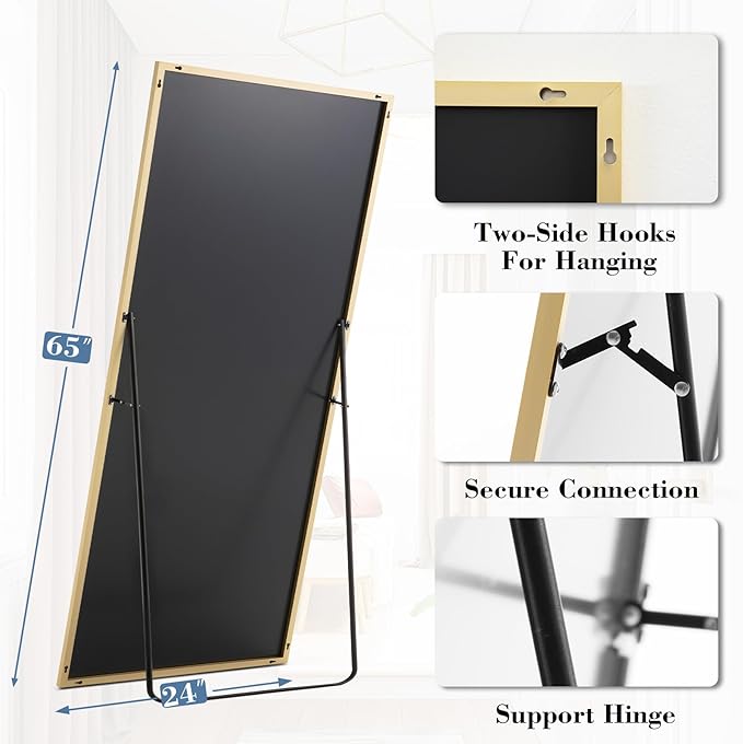 DUMOS Full Length Mirror with Stand, 65"x24" Floor Mirror with Aluminum Alloy Frame for Bedroom, Standing Full Body Mirror with Shatter-proorf Nano Glass for Wall, Living Room, Cloakroom, Gold
