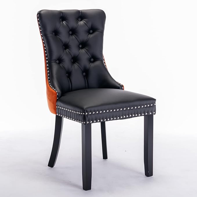 PU and Velvet Upholstered Dining Chair with Wood Legs,Tall Back Side Chair W/Nailhead Trim 2-Pcs Set,for Living Room,Apartment,Black+Orange