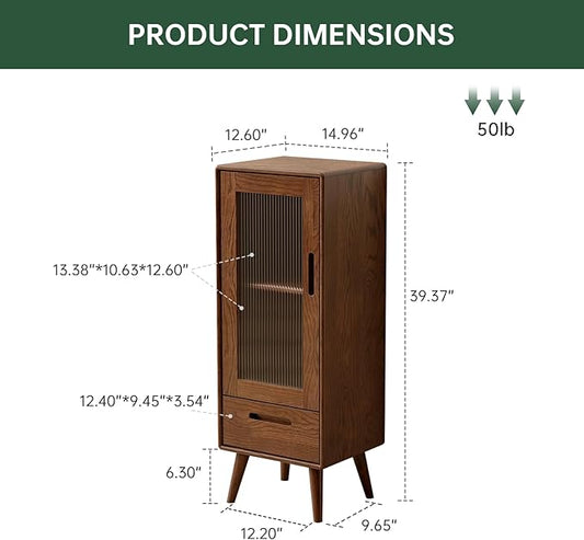 100% Solid Oak Storage Cabinet, Mid Century Modern Buffet Cabinet with Storage, Wooden Sideboard with Door and Adjustable Shelves for Living Room, Kitchen(12.6"D x 14.9"W x 39.3"H, Walnut)