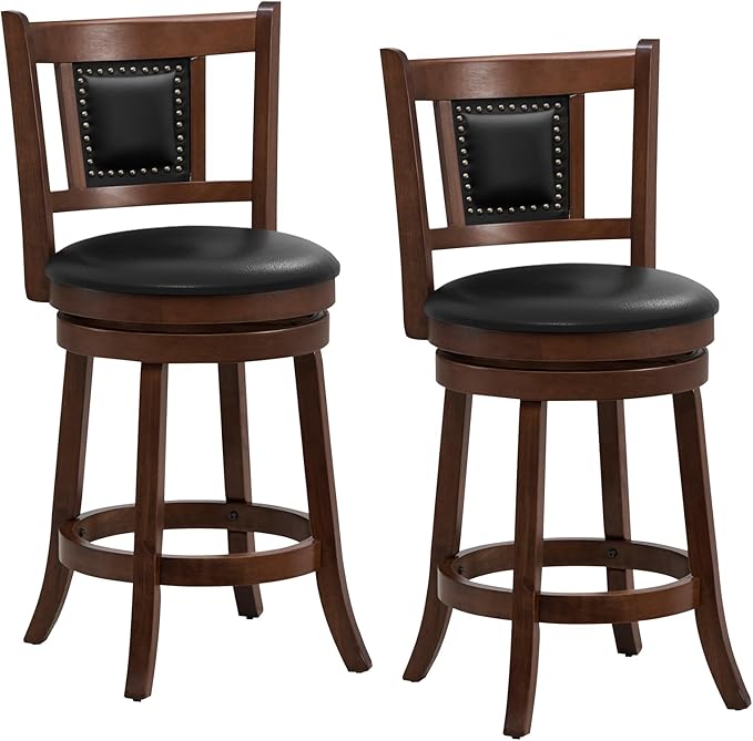 GOFLAME 25.5” Upholstered Bar Stools Set of 2, Swivel Counter Height Barstools with Curved Backrest & Footrest, Solid Rubber Wood Bar Stools for Kitchen Island, Bar Counter, Cafe, Dining Room