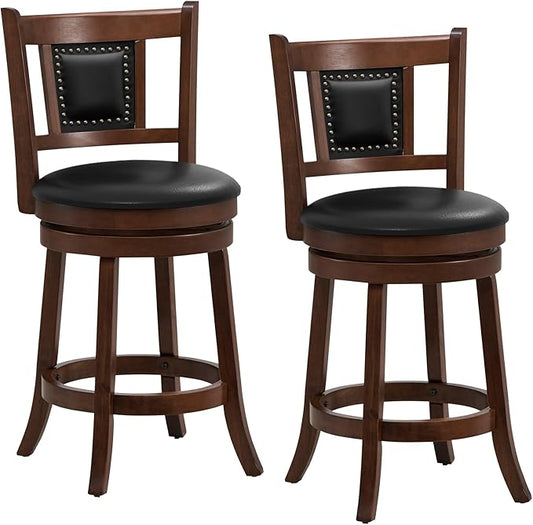 GOFLAME 25.5” Upholstered Bar Stools Set of 2, Swivel Counter Height Barstools with Curved Backrest & Footrest, Solid Rubber Wood Bar Stools for Kitchen Island, Bar Counter, Cafe, Dining Room