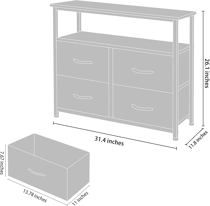 Dresser for Bedroom, 4 Drawer Organizer Unit with Open Shelves, Sturdy Steel Frame, Wooden Top Fabric Dressers & Chest of Drawers for Nursery, Living Room, Office, Closet Storage, Coffee