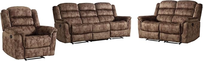 EBELLO 3 Pieces Reclining Living Room Set, Overstuffed Soft Fabric Manual Recliner, Loveseat Recliner and Bonded 3 Seat Reclining Couch Set for Living Room, Brown