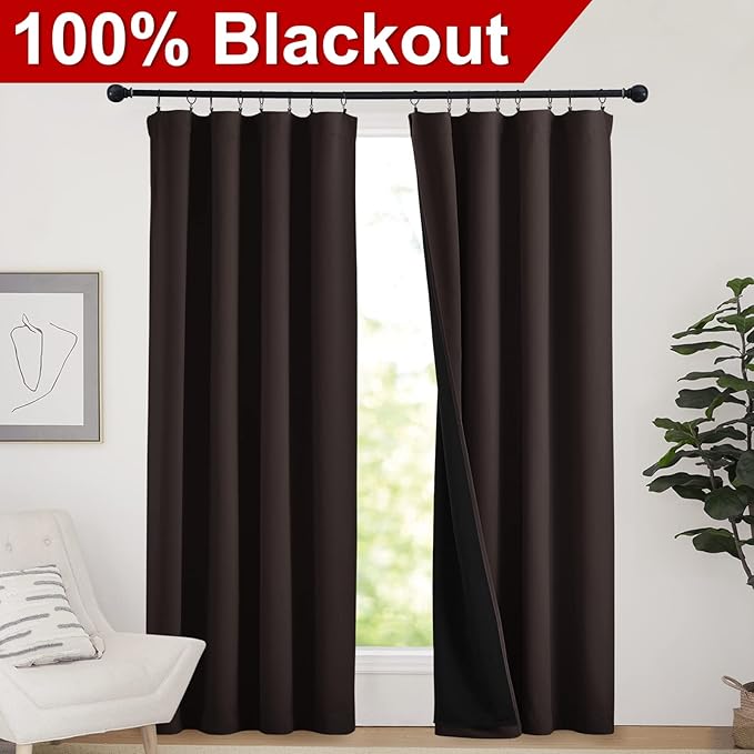 NICETOWN Cold Reducing Thermal Curtains, Full Blackout Curtains 84 Inches Long for Dining Room, Soundproof Window Treatment Drapes for Hall Room, Brown, 52 inches Wide Per Panel, Set of 2 Panels