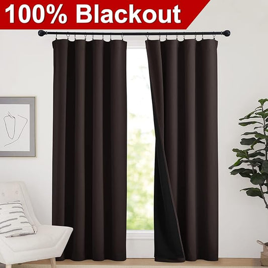 NICETOWN Cold Reducing Thermal Curtains, Full Blackout Curtains 84 Inches Long for Dining Room, Soundproof Window Treatment Drapes for Hall Room, Brown, 52 inches Wide Per Panel, Set of 2 Panels