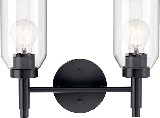Kichler Madden 2-Light Vanity with Clear Glass in Black, Sloped Ceiling Compatible, for Single or Double Vanity in Bathroom (10.5" x 14.25"), 55184BK