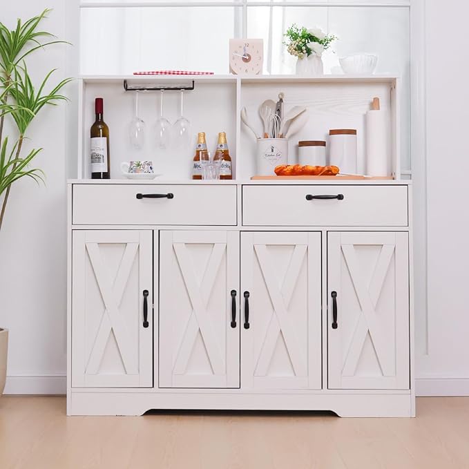 Sideboard Buffet Cabinet with Storage, 47'' Farmhouse Coffee Bar Cabinet, Kitchen Pantry Storage Cabinet with Doors and Shelves for Dining Room, Living Room, Kitchen, White