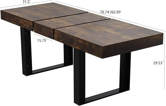 63" - 79" Extendable Dining Room Table, Expandable Kitchen Table for 6 to 10 People, Modern Wood Conference Table, Large Farmhouse Dining Table(Rustic Brown & Black, Double-U Base)
