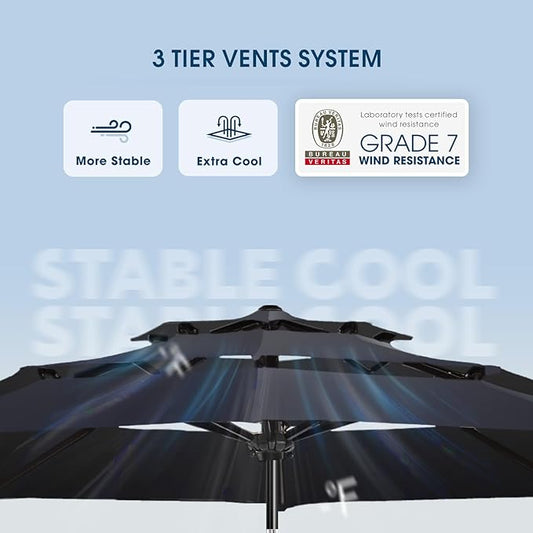 wikiwiki 9ft 3-Tier Patio Umbrella Outdoor Table Market Umbrella for Patio with Push Button Tilt/Crank, Fade Resistant Waterproof POLYESTER Canopy for Garden, Lawn, Deck, Backyard & Pool, Navy Blue