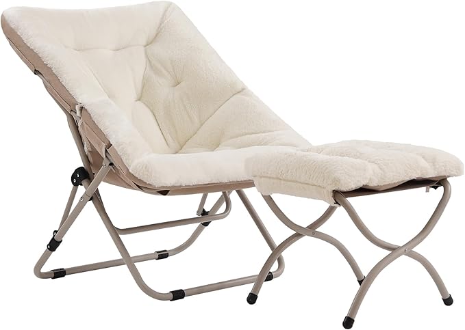 Tiita Folded Chair with Ottoman, Soft Faux Fur Oversized Folding Accent Chair,Lazy Chair, Metal Frame Moon Chair for Bedroom, Living Room, Dorm Rooms, Garden and Courtyard