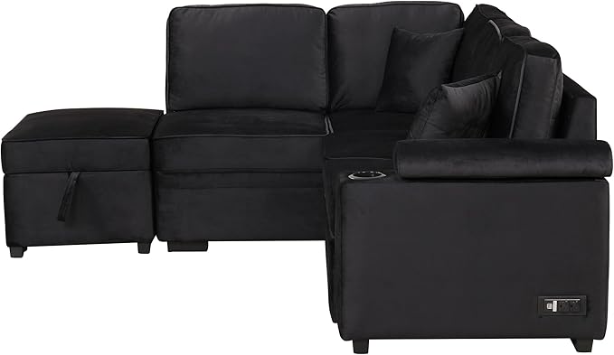 ERYE 84-Inch Left Facing Corner Sleeper Sectional Sofa with Pull Out Sleeper Couch Bed and Storage Ottoman,L-Shaped Corner Convertible Sofa Bed W/Cupholder & Padded Armrests | USB Charging Ports, 3-pin Plug Socket