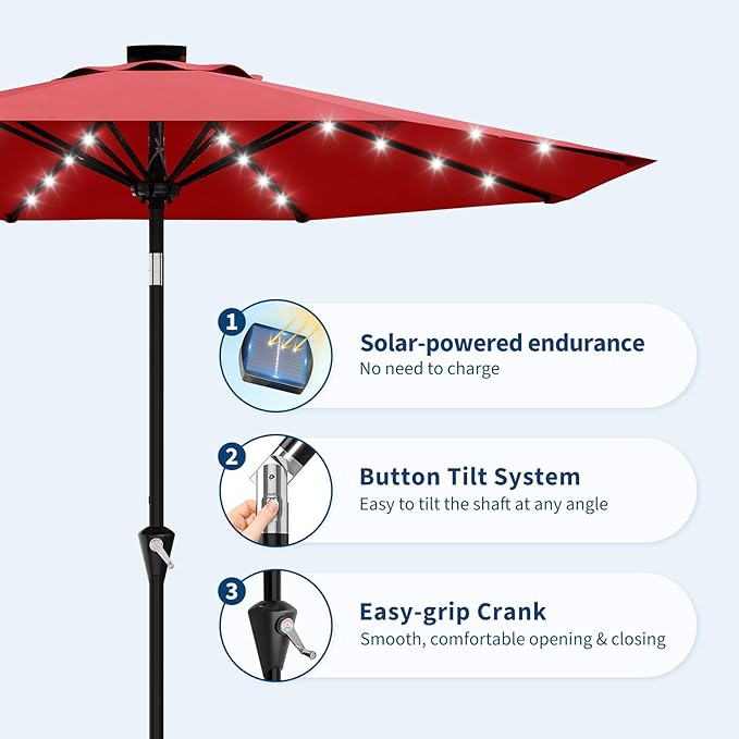 Garvee 9FT Solar Patio Umbrella with 32 LED Lights - Outdoor Table Umbrella with Crank Lift, Push Button Tilt and 8 Sturdy Ribs - Market Umbrella UV Protection for Pool, Deck, Yard, Garden -Red