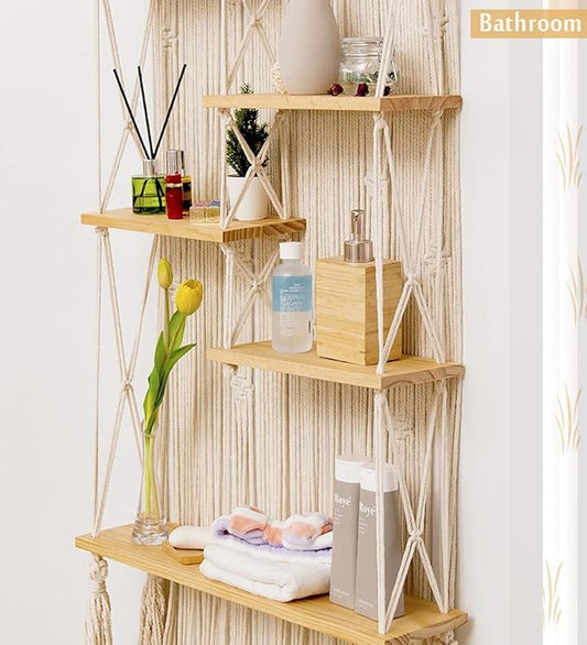 jontell Macrame Wall Hanging Shelf- Macrame Shelves Handmade Decorative Floating Boho Shelf-Plant Shelf Display Rack to Organize and Decor for Living Room, Bedroom, Bathroom…