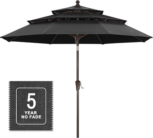 MASTERCANOPY 9ft 3-Tier Olefin Patio Umbrella with Tilt Crank, 5-Year-Non-Fading Canopy & 8 Fiberglass Ribs for Deck, Patio, and Garden, Dark Grey