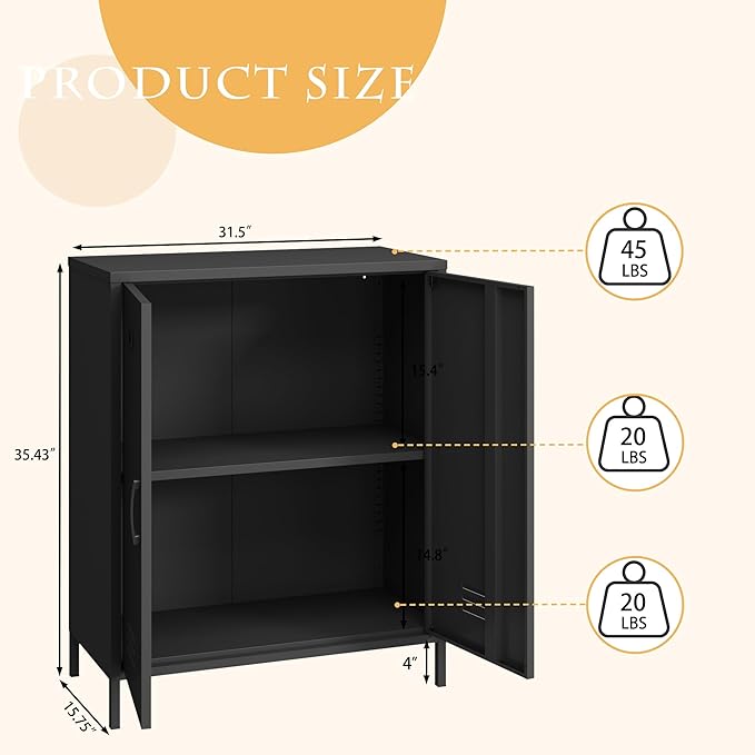 Metal Storage Cabinet with 2 Door, Steel Locker Sideboard Buffet Cabinet Console Table for Home Office (Black, H35.43'')