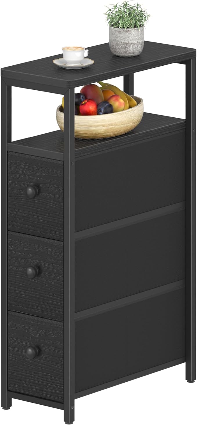 Narrow Night Stand Nightstand - Skinny Bedsides Table with 3 Drawers for Small Space Dresser for Bedroom Living Room Slim Side Table, Black