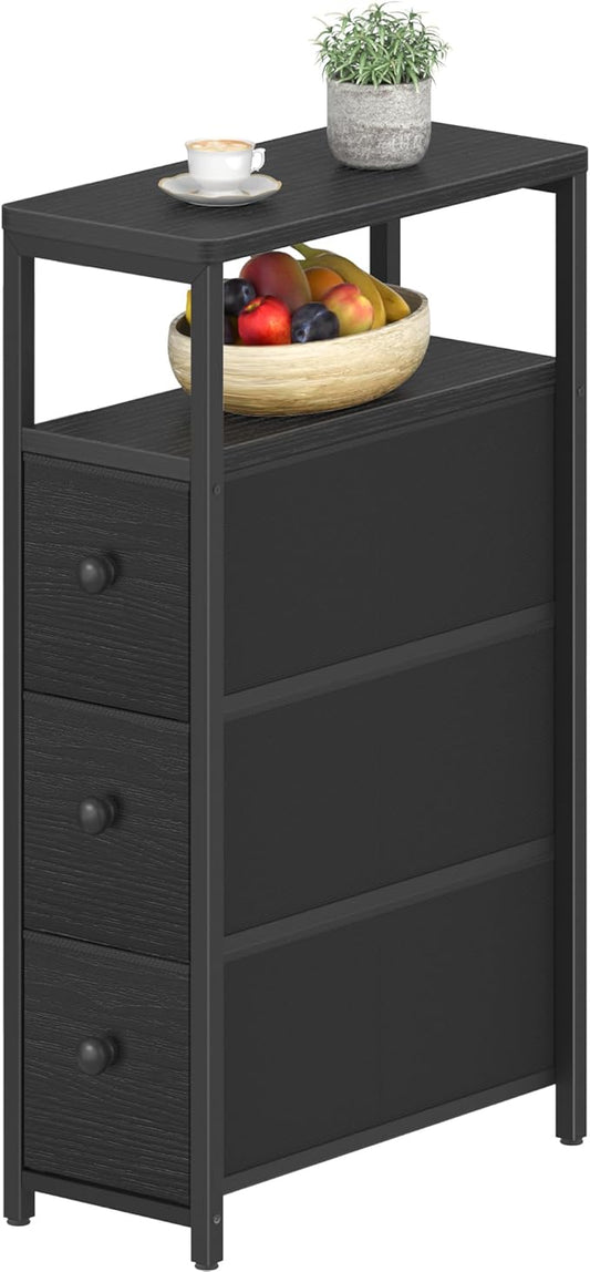 Narrow Night Stand Nightstand - Skinny Bedsides Table with 3 Drawers for Small Space Dresser for Bedroom Living Room Slim Side Table, Black