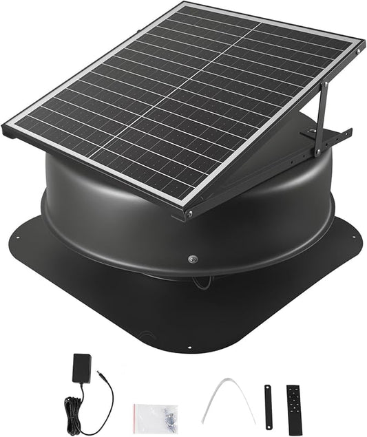 VEVOR 42W Solar Attic Fan, 2800 CFM Smart Roof Vent Built-in Temperature Sensors with Remote Control, Low-Noise & Weatherproof for Attic, Garage, RV Ventilation