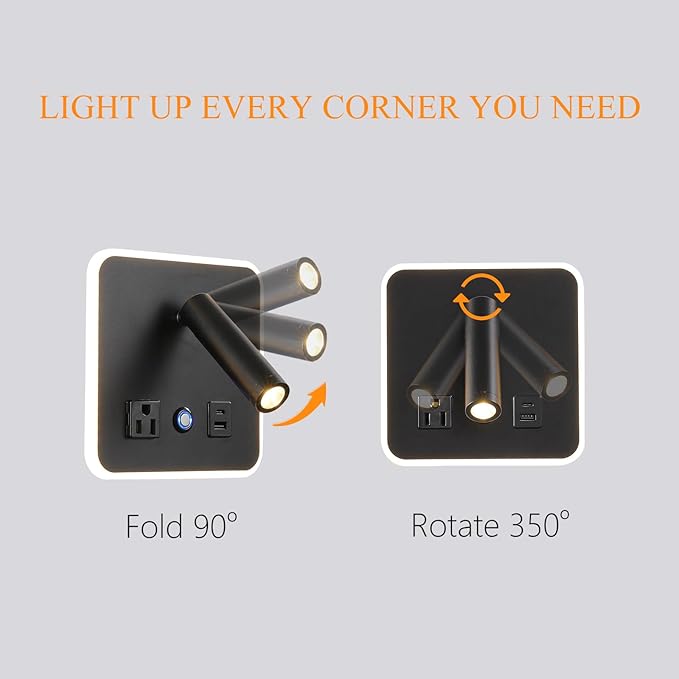 LED Wall Lamp Dimming Wall Mounted Reading Lights, Adjustable Headboard Plug in Wall Sconce with USB+USB C Ports, Headboard Bedside Lamp with 6W+3W Night Light 3000K (Gray)