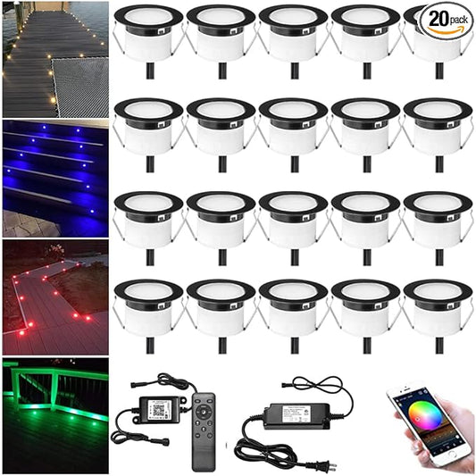 LED Deck Light Kit, 20pcs Φ1.77 WiFi Wireless Smart Phone Control Low Voltage Recessed RGBW Deck Lights with Remote, Voice Control, IP67 Waterproof Outdoor Path Stair Landscape Lighting, Black