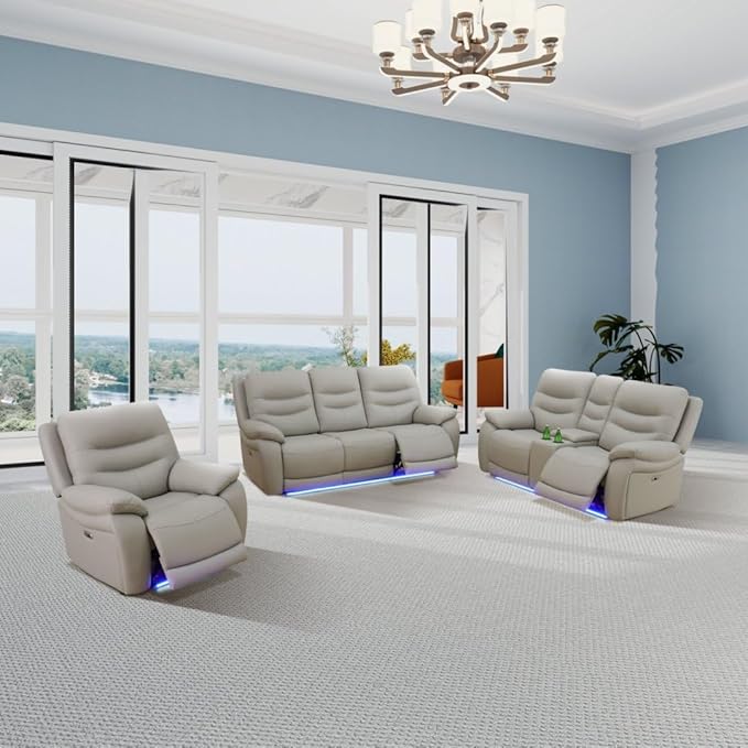 Power Recliner Sofa Set with LED, Air Leather Living Room Furniture Set, 3 Piece Couch Reclinig Furniture Set with USB Port, Cup Holders&Storage for Living Room (Light Grey)