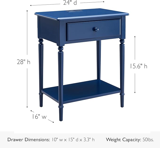 Leick Home Coastal Nightstand, Solid Wood, with USB-C Charging, 1 Drawer and 1 Shelf, Navy, 20022-NV