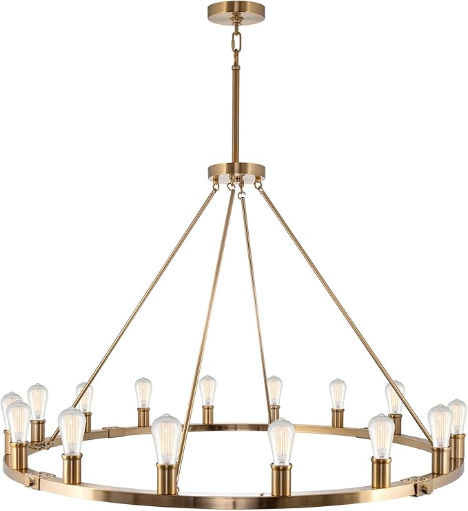 Kira Home Homestead 48" 16-Light Large Rustic Farmhouse Wagon Wheel Chandelier, Round Kitchen Island Light, Cool Brass Finish