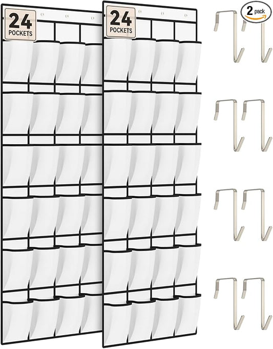 dodowin Over the Door Shoe Organizers, 2 Pack, Each with 24 Deep Mesh Pockets & 4 Metal Hooks, Over The Door Shoe Rack Space Saving Hanging Storage Holder for Closets, Shoes & Accessories, White